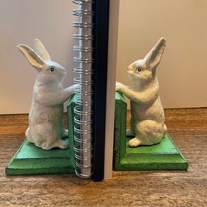 Whimsical Rabbit Bookends - White and Green, Cast Iron